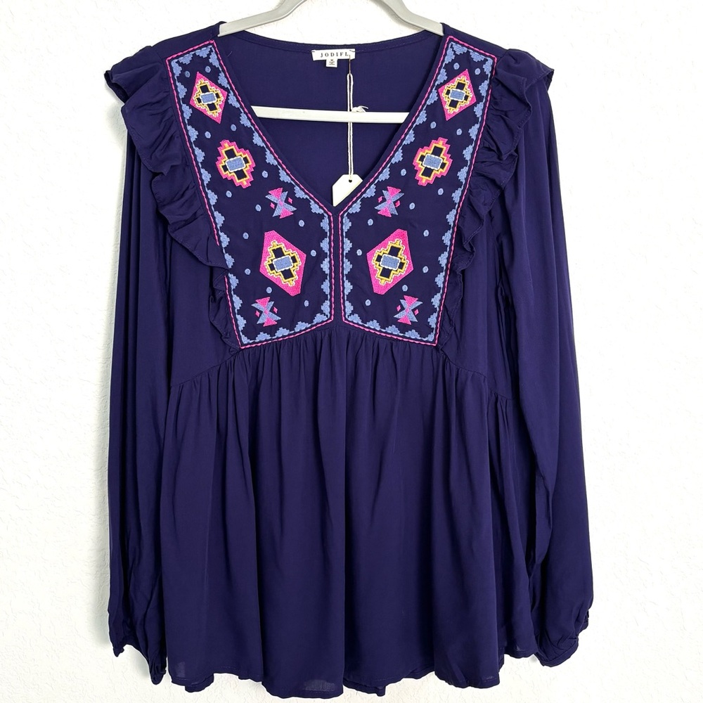 NWT JODIFL Indigo Purple Long Sleeve Embroidered Blouse Women’s Medium Boho
